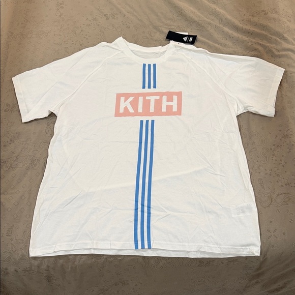Kith Other - Kith Adidas White Tee with Blue Stripes and Pink Logo